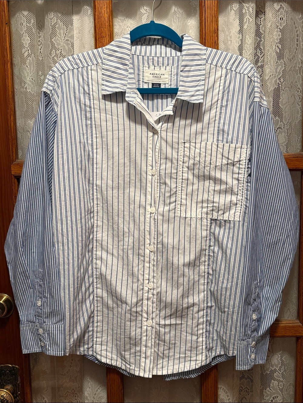 NWT American Eagle Oversized Striped Mixed-Panel Button-Down Shirt